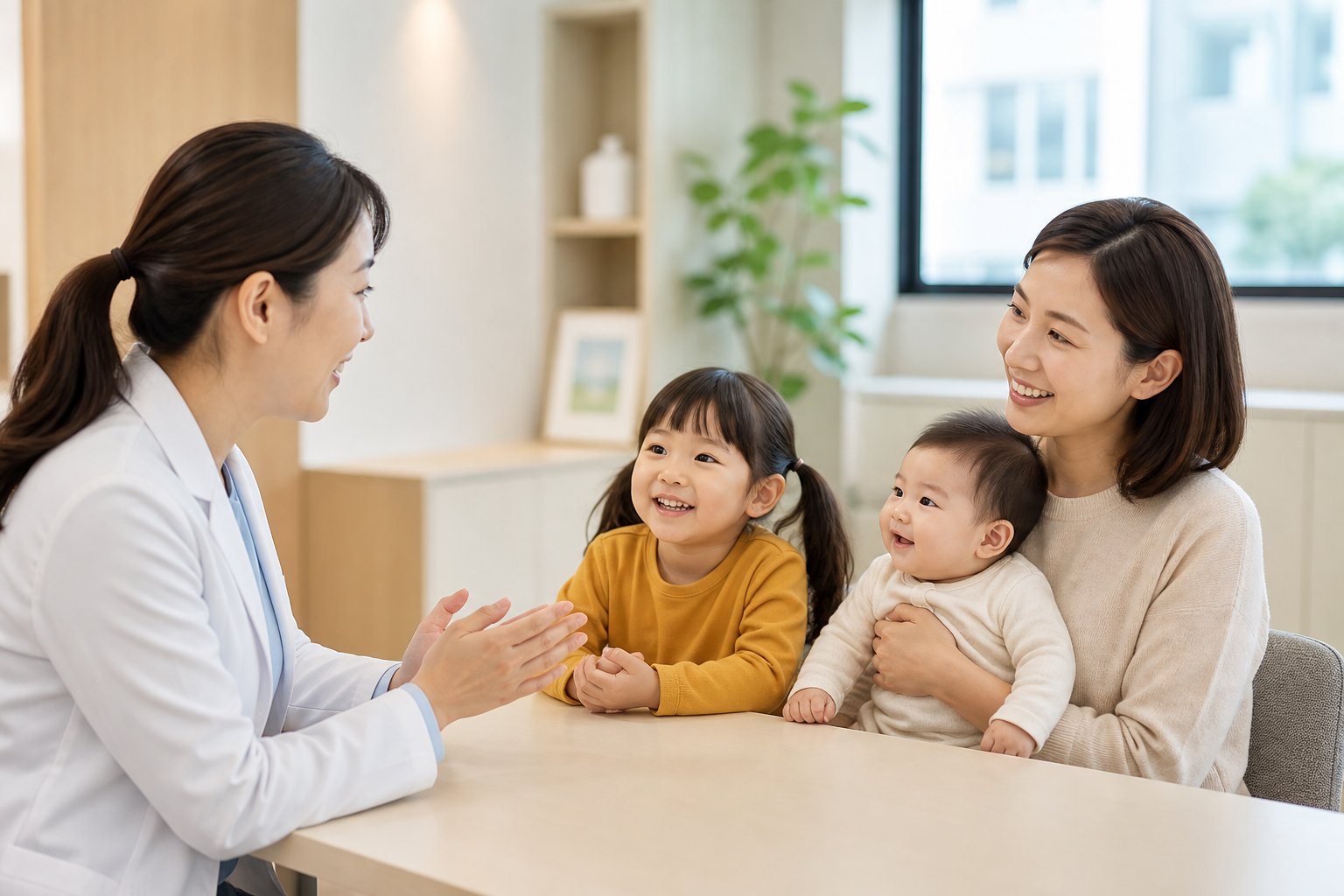 0~7세 아이와 보호자가 소아 건강 상담을 받는 모습